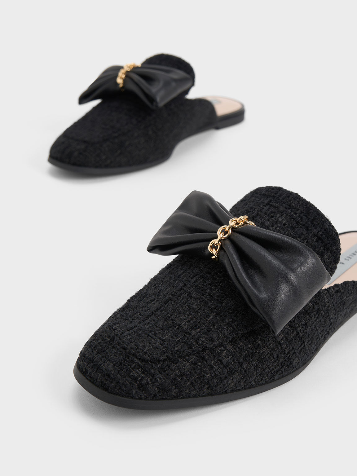 Giày mules Tweed Chain-Link Bow Loafer, Đen họa tiết, hi-res
