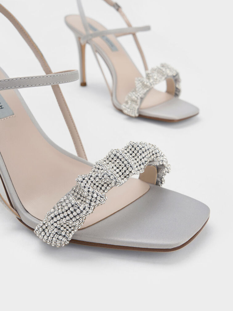 Gem-Embellished Satin Stiletto Sandals, Grey, hi-res