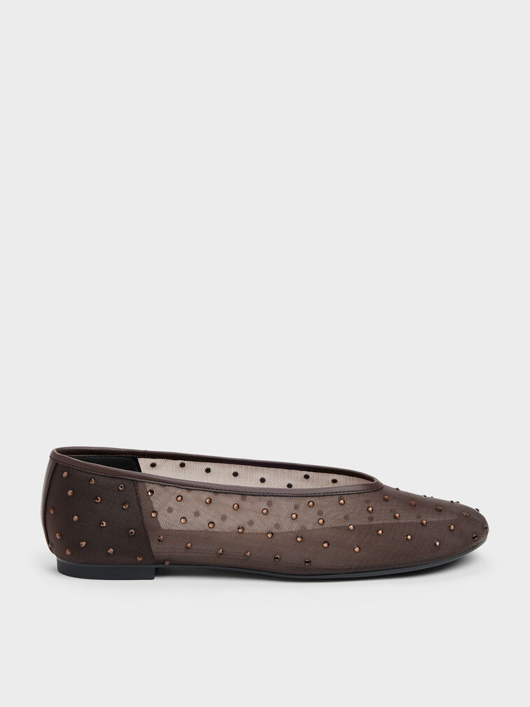 Mesh Crystal Ballet Flats, Dark Brown Textured, hi-res