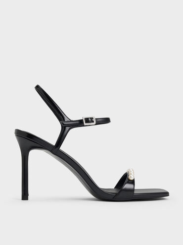 Giày sandals cao gót Helena Pearl-Embellished, Đen bóng nhám, hi-res