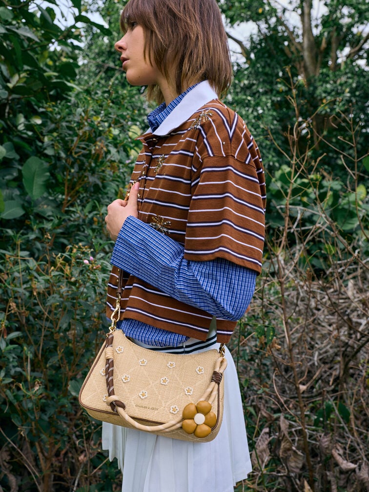 T&uacute;i đeo vai h&igrave;nh thang Philomena Raffia Flower, Be, hi-res