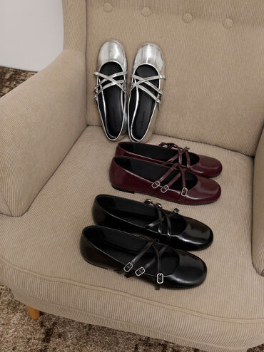 Patent Triple-Strap Mary Jane Flats, Burgundy, hi-res