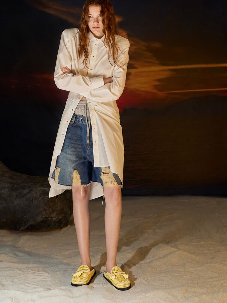 Crochet & Suede Flower Mules, Yellow, hi-res