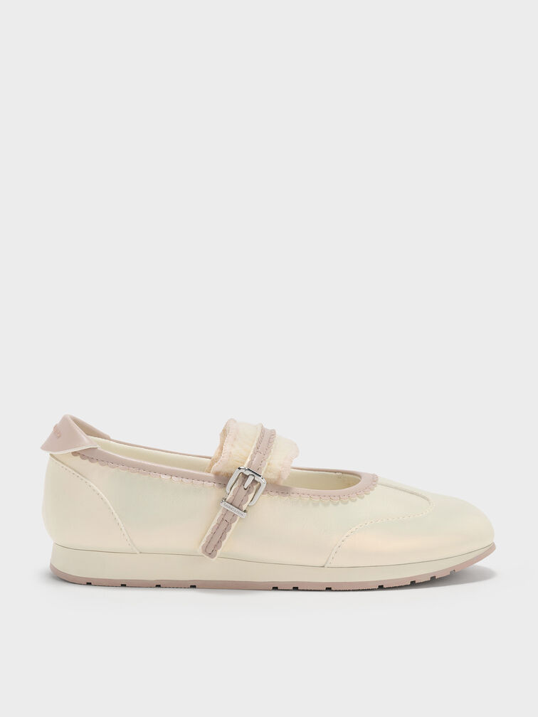 Girls' Pearlescent Scallop-Trim Mary Jane Sneakers, Chalk, hi-res