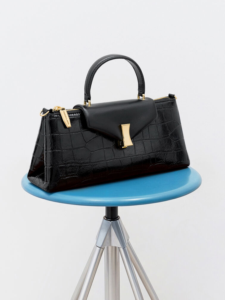 T&uacute;i x&aacute;ch d&aacute;ng d&agrave;i Lilibet Croc-Effect, Đen, hi-res