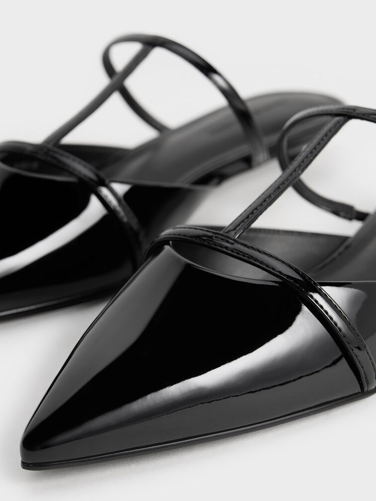 Gi&agrave;y mules mũi nhọn Clara T-Bar Pointed-Toe, Đen b&oacute;ng nh&aacute;m, hi-res