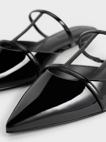 Gi&agrave;y mules mũi nhọn Clara T-Bar Pointed-Toe, Đen b&oacute;ng nh&aacute;m, hi-res