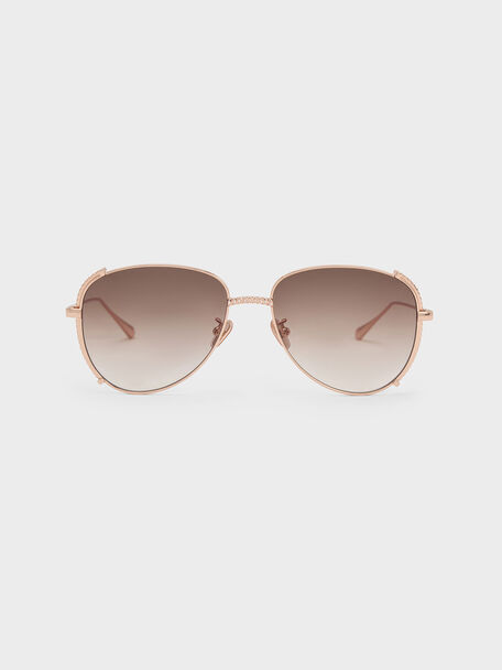 Rose Gold Gem-Embellished Wireframe Aviator Sunglasses - CHARLES & KEITH VN