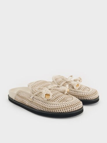 Crochet & Suede Flower Mules, Chalk, hi-res