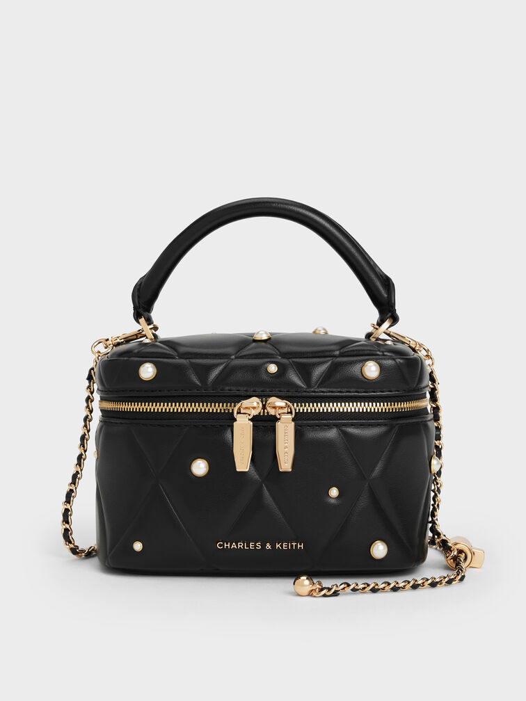 Arwen Quilted Pearl-Embellished Top Handle Vanity Bag, Black, hi-res