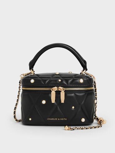 Túi cầm tay Arwen Quilted Pearl-Embellished, Đen, hi-res