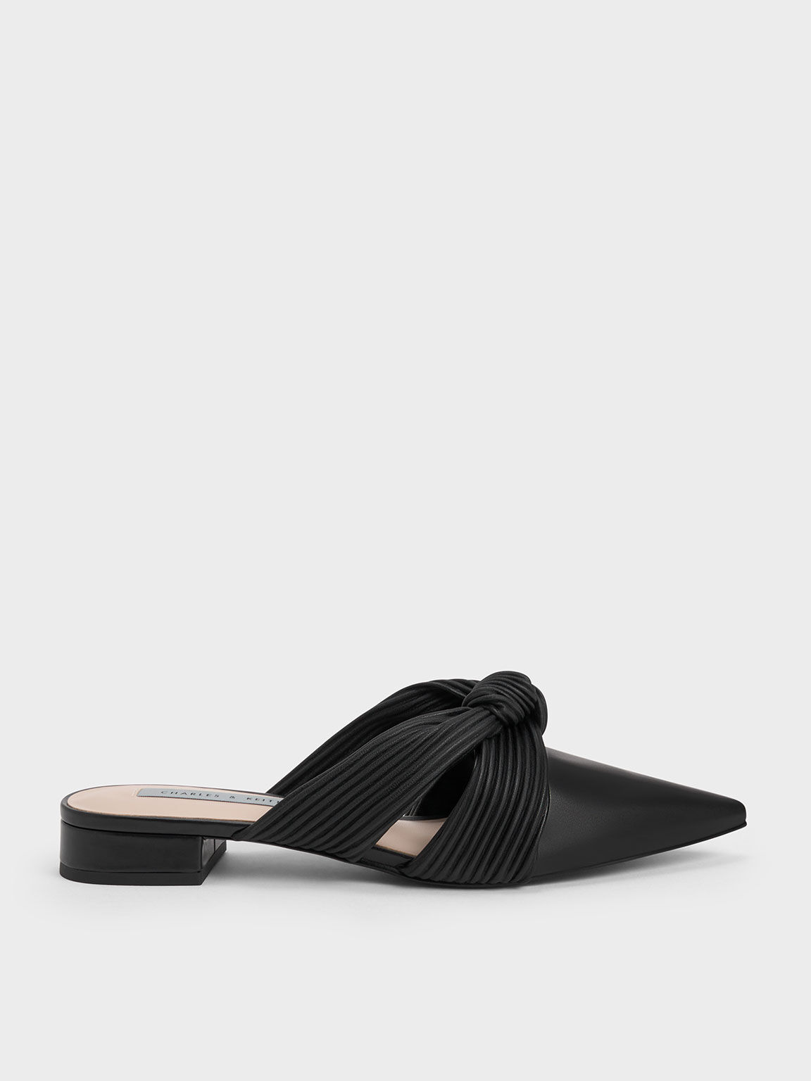 Knotted Pleated Mules, Black, hi-res