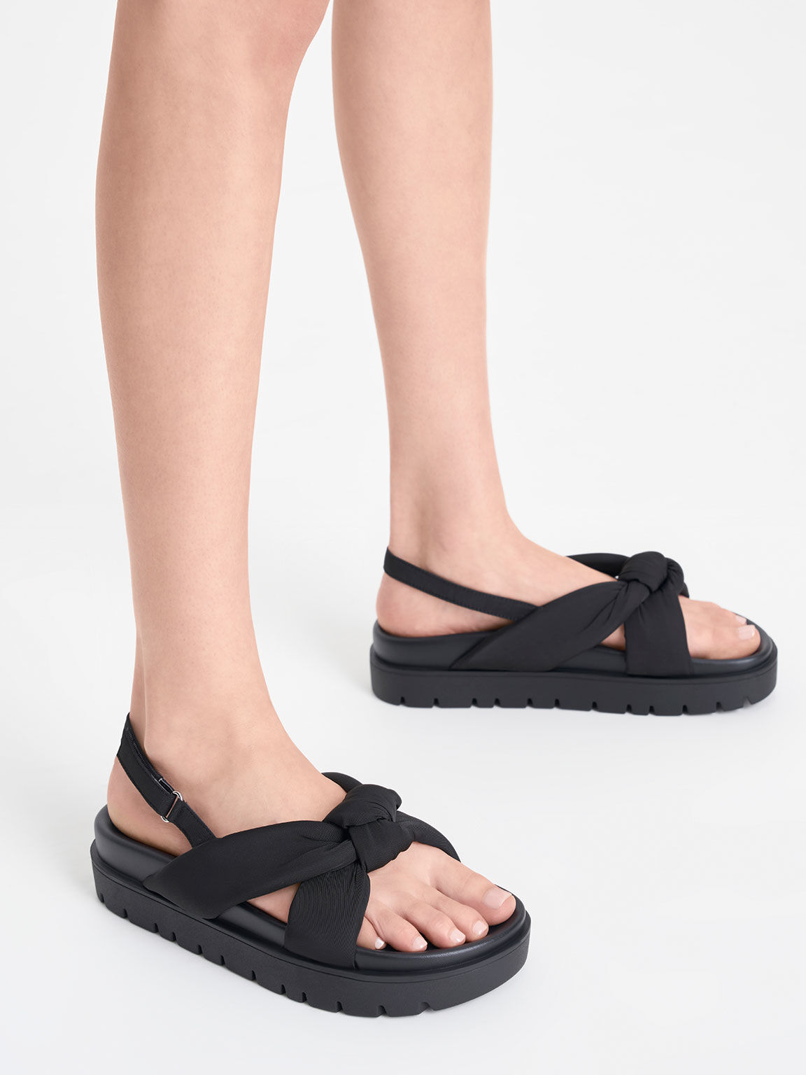 Giày sandals Nylon Knotted Flatform, Đen, hi-res