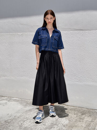 Gi&agrave;y sneakers cổ thấp Denim Quilted Lace-Up Chunky, Xanh denim, hi-res