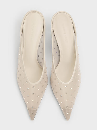 Mesh Crystal Pointed Heeled Mules, Beige, hi-res