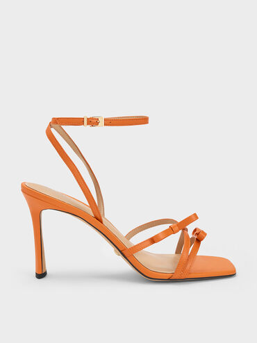 Leather Bow Strappy Sandals, Orange, hi-res