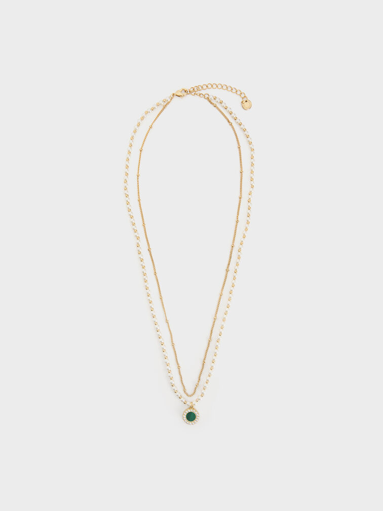Pearl & Gemstone Double-Chain Necklace, Green, hi-res