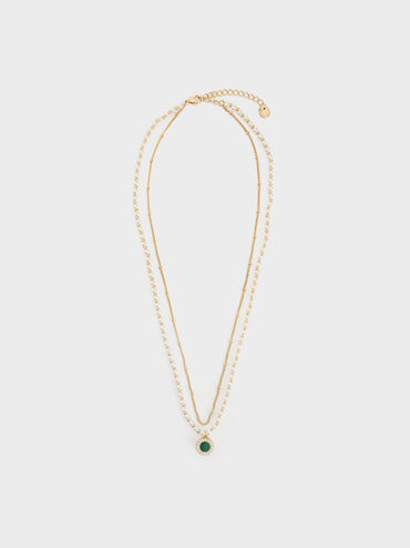 Pearl & Gemstone Double-Chain Necklace, Green, hi-res