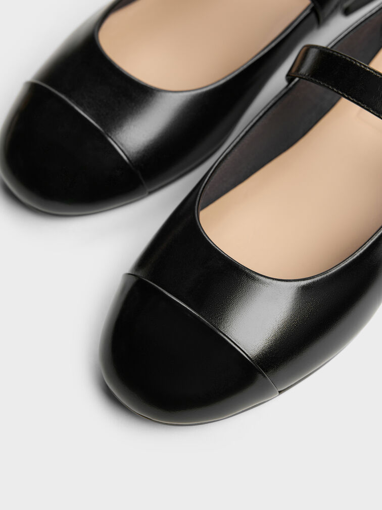 Leather Cap-Toe Mary Janes, Black, hi-res