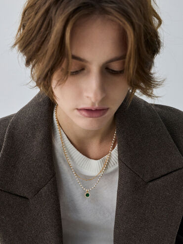 Pearl & Gemstone Double-Chain Necklace, Green, hi-res