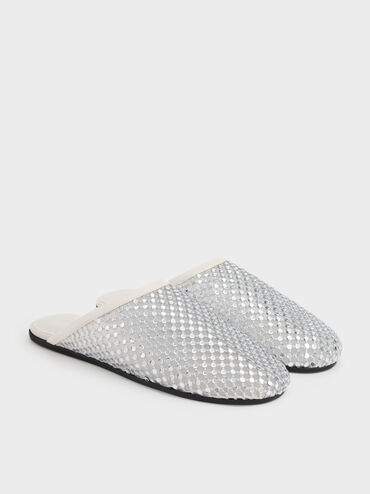 Maggie Mesh Crystal Flat Mules, White, hi-res