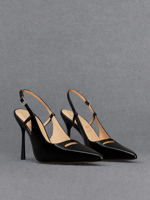 Leather Pointed-Toe Slingback Pumps, Black Boxed, hi-res