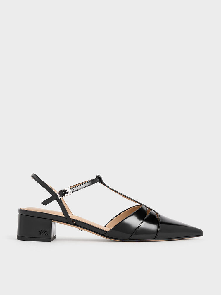 Leather T-Bar Block-Heel Pumps, Black Boxed, hi-res