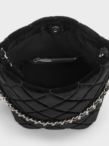 Duo Velvet Quilted Chain Bucket Bag, Noir, hi-res