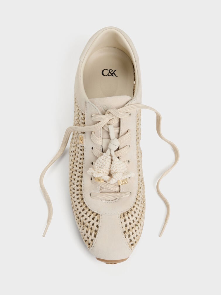 Jace Crochet & Suede Flower Sneakers, Chalk, hi-res