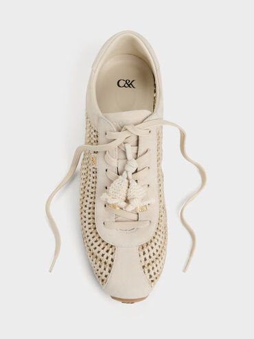 Jace Crochet & Suede Flower Sneakers, Chalk, hi-res