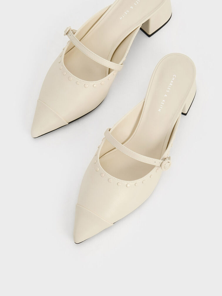 Giày mules cao gót Studded Pointed-Toe, Phấn, hi-res