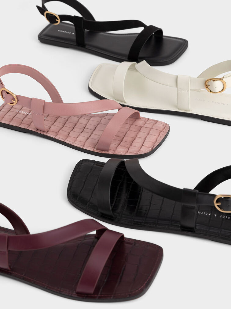 Croc-Effect Asymmetric Slingback Flat Sandals, Pink, hi-res