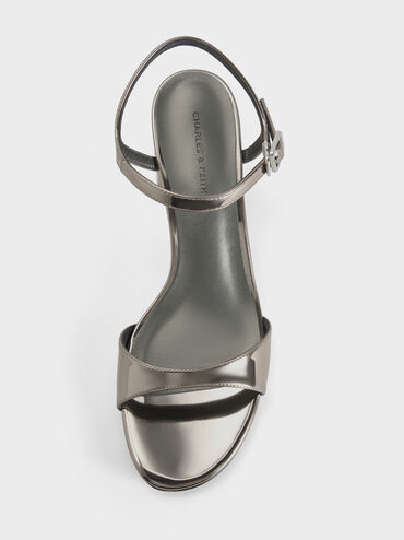 Metallic Ankle-Strap Block-Heel Sandals, Pewter, hi-res