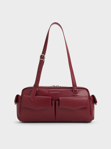 Rachel Elongated Multi-Pocket Shoulder Bag, Burgundy, hi-res
