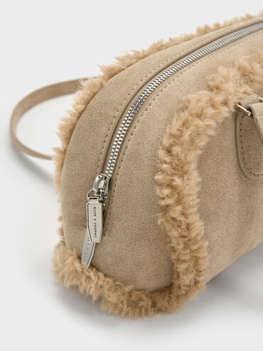 Nelly Recycled Suede & Faux Shearling Elongated Shoulder Bag, Nutmeg Beige, hi-res