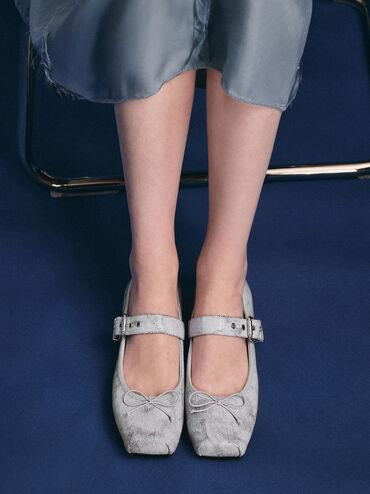 Giày búp bê mũi vuông Myler Crinkle-Effect, Xám nhạt, hi-res