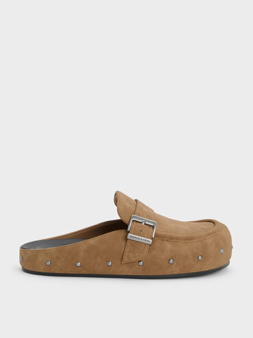 Studded Buckled Flat Mules, Sand, hi-res