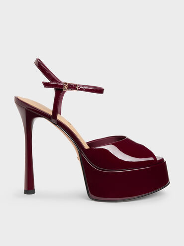 Francesca Patent Leather Peep-Toe Platform Heels, Burgundy, hi-res