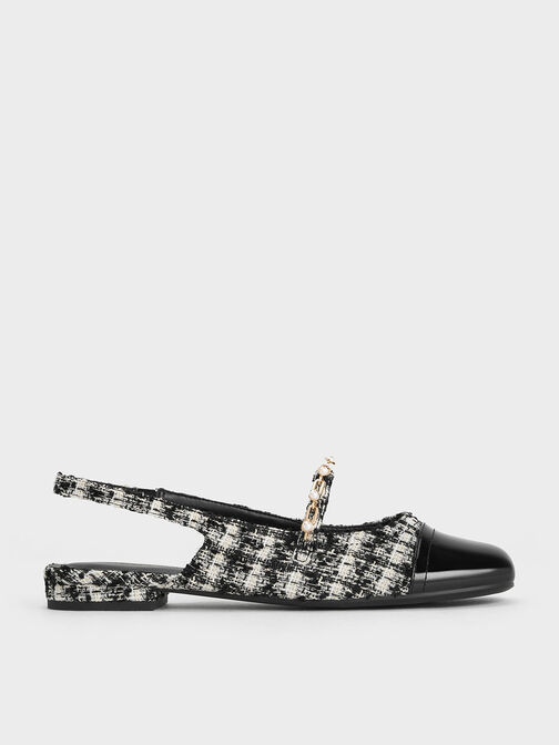Giày búp bê mũi vuông Tweed Beaded Chain-Link Slingback, Đen họa tiết, hi-res
