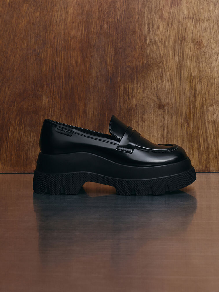 Leoi Platform Penny Loafers, Black Boxed, hi-res
