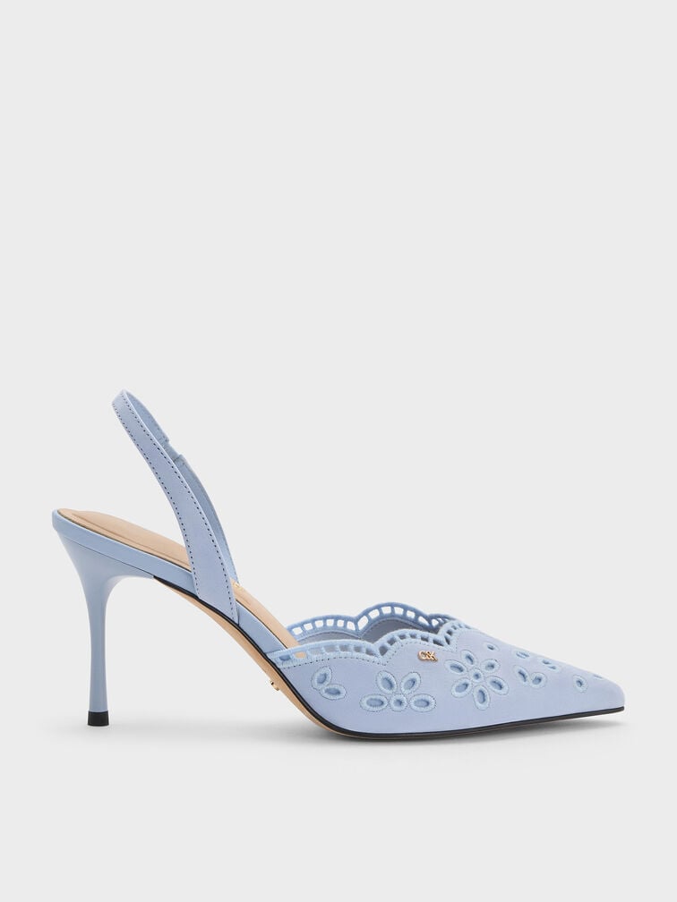 Leather Embroidered Pointed Slingback Pumps, Light Blue, hi-res