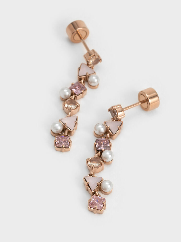 Khuyên tai dạng chuỗi Pearl & Crystal-Embellished, Vàng hồng, hi-res