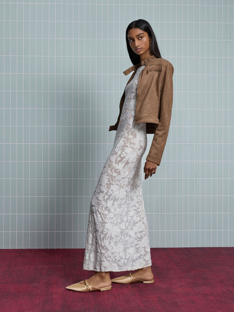 Gi&agrave;y mules mũi nhọn Satin Teardrop-Crystal, V&agrave;ng đồng, hi-res