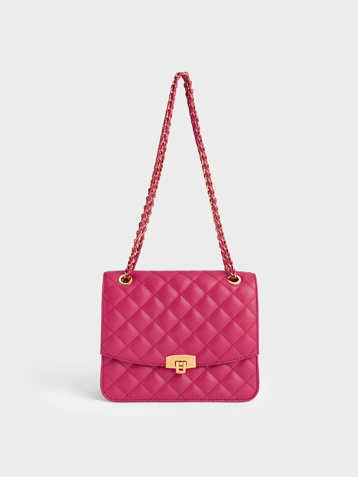 Quilted Chain Strap Clutch, Red, hi-res