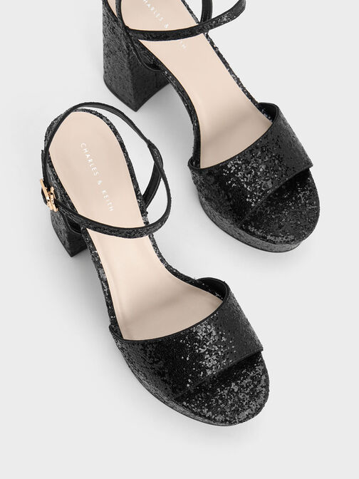 Giày sandals cao gót Glittered Ankle-Strap, Đen họa tiết, hi-res