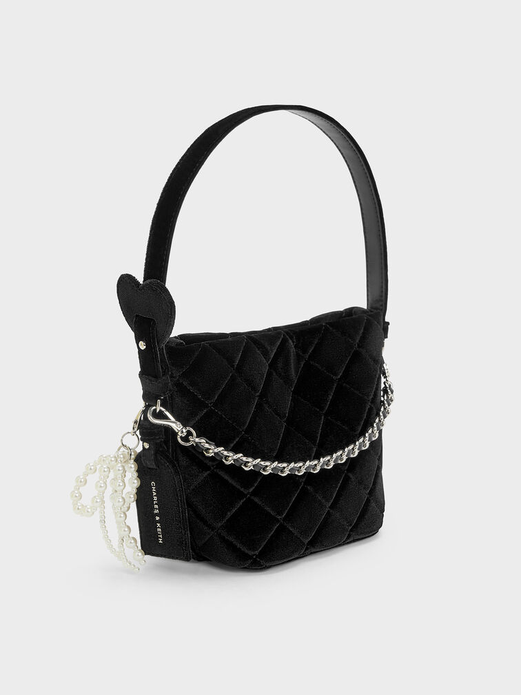 Duo Velvet Quilted Chain Bucket Bag, Noir, hi-res