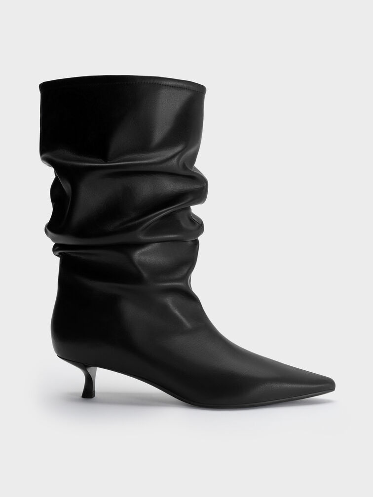 Ruched Kitten-Heel Calf Boots, Black, hi-res