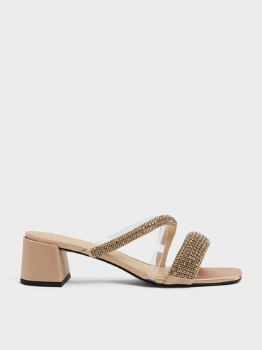 Glittered Crystal Clear-Strap Mules, Nude, hi-res