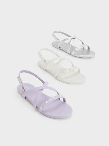 Girls' Flower-Beaded Strappy Sandals, White, hi-res