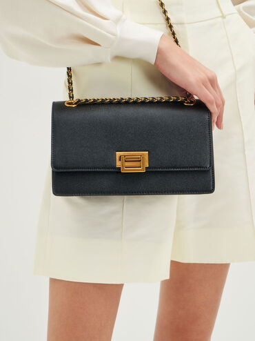 T&uacute;i đeo vai nắp gập Chain Strap Evening, Đen, hi-res